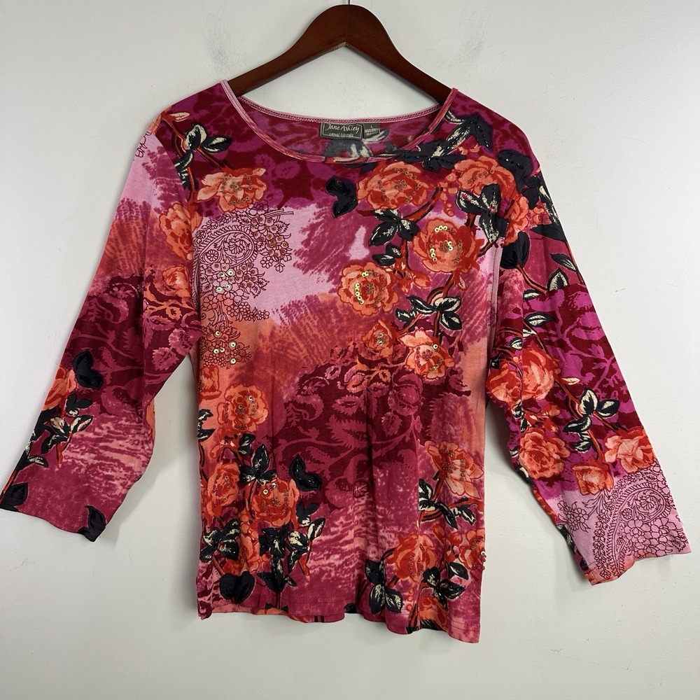 90s Y2K Large Rose Floral Print Sequin Pink Tee 3/4 Sleeve Cottage Fairy Pheobe